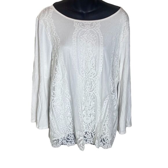 Chicos shirt top white lace front flare sleeve size 2 embroidered - Picture 1 of 5